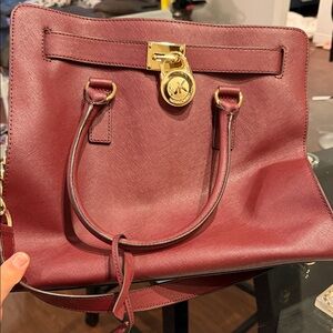 Michael Kors Large Saffiano Satchel Bag in Burgundy